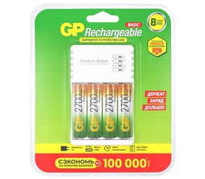 Зарядное устройство GP CPB-2CR4 + 4 аккумулятора АА 2700 мАч, USB